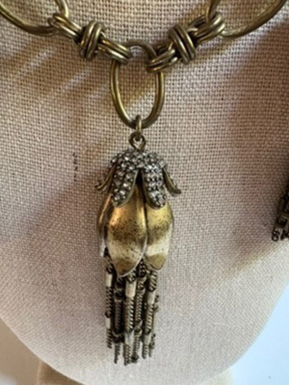 J Crew Three Tassels Crystal & Antique Gold Tone Statement Necklace - Picture 2 of 7